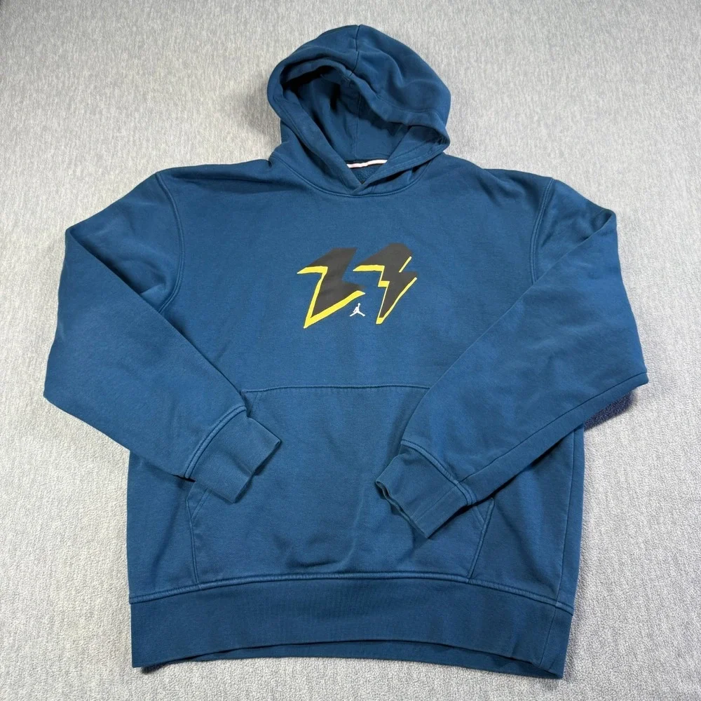 Jordan Hoodie Men M Blue Lightning Bolt Graphic Jumpman Fleece Pullover Sweatshi